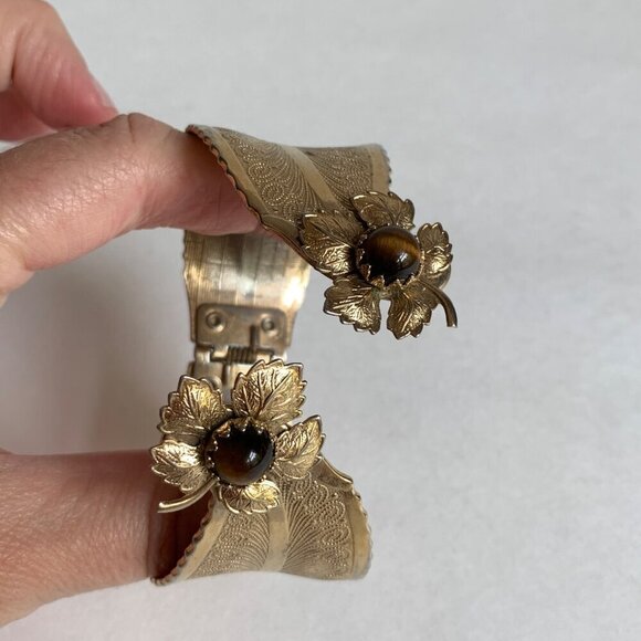 Vintage Tigerstone Gold Toned Clamp Cuff Bracelet Leaf Floral - Picture 6 of 7